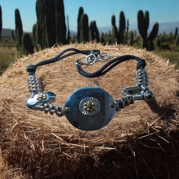 Womens Large Hardware Chrome Disc Brass Flowers Black Cord 38\